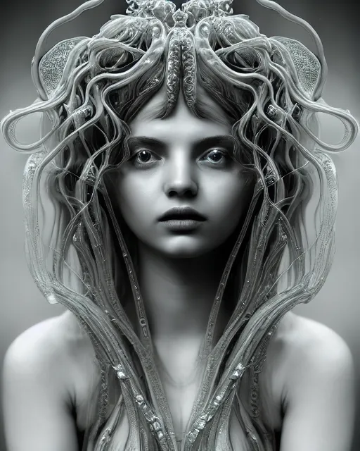 Image similar to mythical dreamy underwater artistic black and white 3 d render of a translucent beautiful young female angelic - medusa - vegetal - doll, highly detailed, intricate crystal ivy jelly ornate, poetic, translucent algae ornate, digital art, octane render, 8 k artistic photography, photo - realistic, hg giger flora borsi