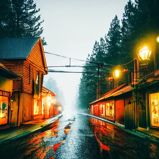 Image similar to photo a wet road surrounded by pine trees, wooden buildings on side of roads, neon signs on buildings, old fashioned gas lamps lining the road, beautiful photography, volumetric lighting, flickr, artstation, 8 k, moody lighting