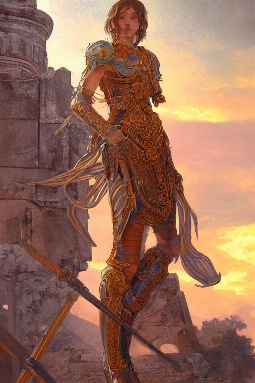 Image similar to portrait knights of Zodiac girl, metalic orange and dark blue reflected armor, in ruined Agora of Athens sunrise, ssci-fi, fantasy, intricate, very very beautiful, elegant, golden light, highly detailed, digital painting, artstation, concept art, smooth, sharp focus, illustration, art by tian zi and WLOP and alphonse mucha