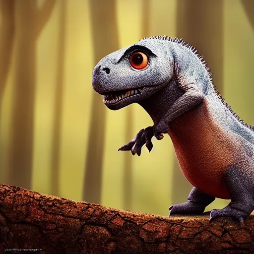 Image similar to a cute little dinosaur with long fur, portrait, pixar style, forest background, cinematic lighting, award winning creature portrait photography