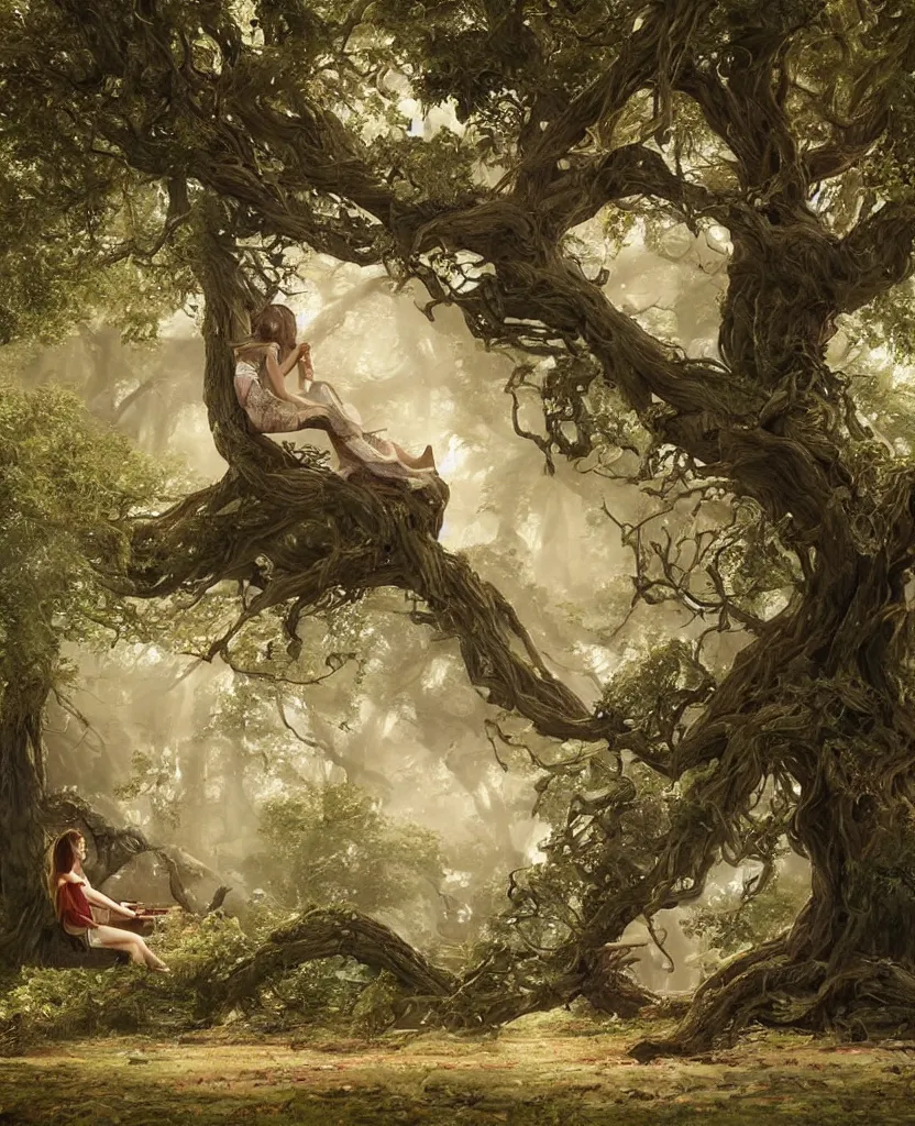 Prompt: woman playing a piano sitting on a giant tree, very detailed, 8k, maximized, ornate, masterpiece, complex, by Greg rutkowski, Alex Gray, surrounded by smoke