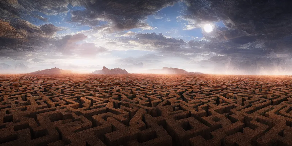 Image similar to the grand landscape of the endless maze, art by kotaro chiba, volumetric lighting, hdr