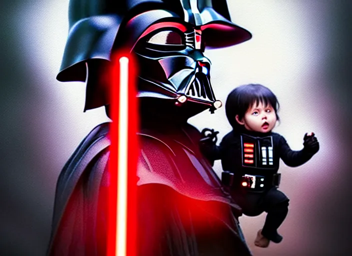 Image similar to hyperrealistic mixed media fine art painting of darth vader with red lightsaber drawn about to battle a cute baby, stunning 3d render inspired art by WLOP and Artgerm and Greg Rutkowski and Alphonse Mucha + perfect facial symmetry + dim volumetric lighting, 8k octane beautifully detailed render, post-processing, extremely hyperdetailed, epic composition, grim yet sparkling atmosphere, cinematic lighting + masterpiece, trending on artstation