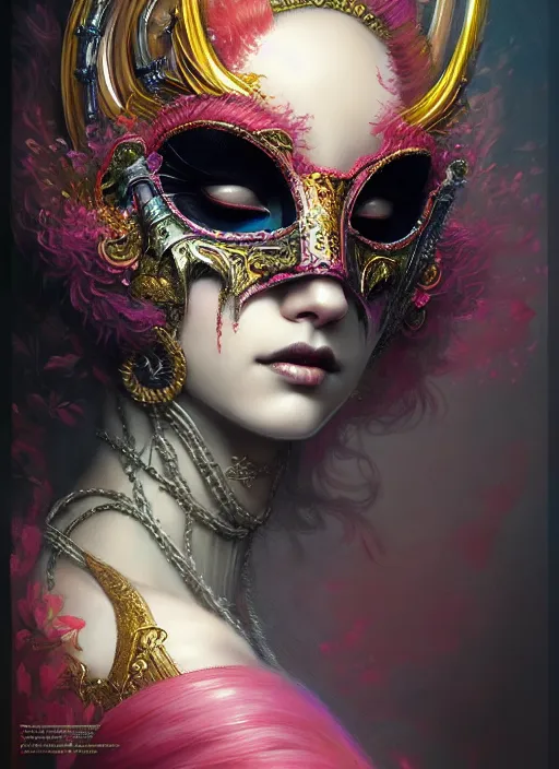 Image similar to hyper detailed ultra sharp elite venetian mask girl, gothic aesthetic, synthwave, colorful, ephemeral, ornate, intricate, digital painting, concept art, smooth, sharp focus, illustration, art by tom bagshaw and greg rutkowski and hannah yata, trending on artstation 8 k