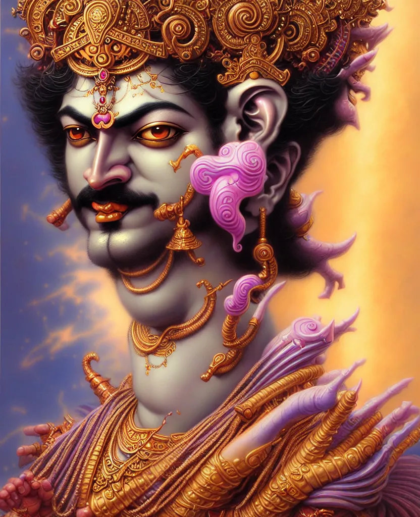 Image similar to beautiful hindu god romantic krishna fantasy character portrait, close - up, headshot, ultra realistic, intricate details, highly detailed by peter mohrbacher, hajime sorayama, wayne barlowe, boris vallejo, aaron horkey, gaston bussiere, craig mullins