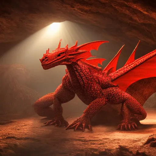 Image similar to photo of a large red scaly dragon sleeping on a mountain of human bones in a dark dusty cave with a ray of light shining on it\'s face. Very detailed 8k. fantasy