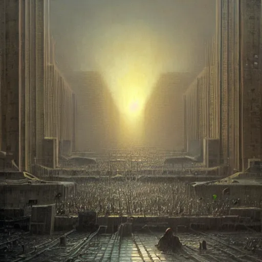 Prompt: a huge crowd, populace, education of the masses, dystopia, oil painting, wide angle, totalitarian, brutalist architecture, limbo, impactful masterpiece, by kunkle brad, by wayne barlowe, by ivan aivazovski