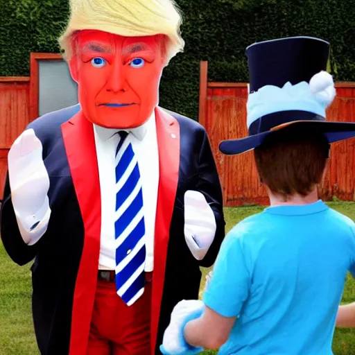 Image similar to high definition photo Donald trump dressed as Bugs Bunny spying on children at a birthday party, high quality, dynamic, good lighting