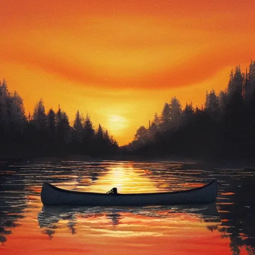 Prompt: canoe in a river, romanticism art style, red sunset