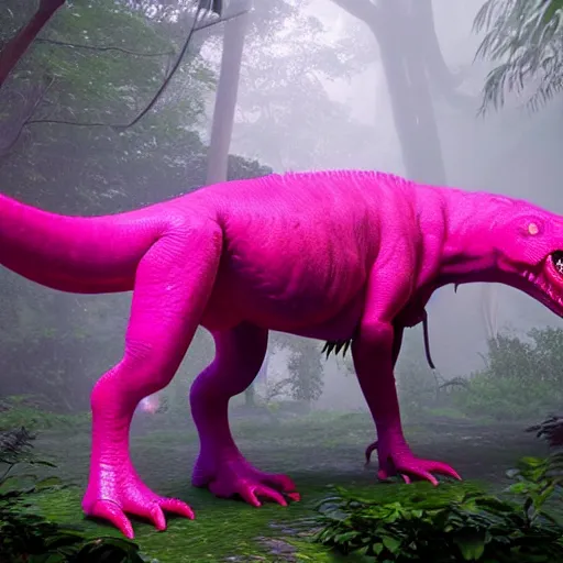 Image similar to unreal engine hyperreallistic render 8k of a bright neon fuschia pink trex tyrannosaurus rex dinosaur in the misty jungle action shot