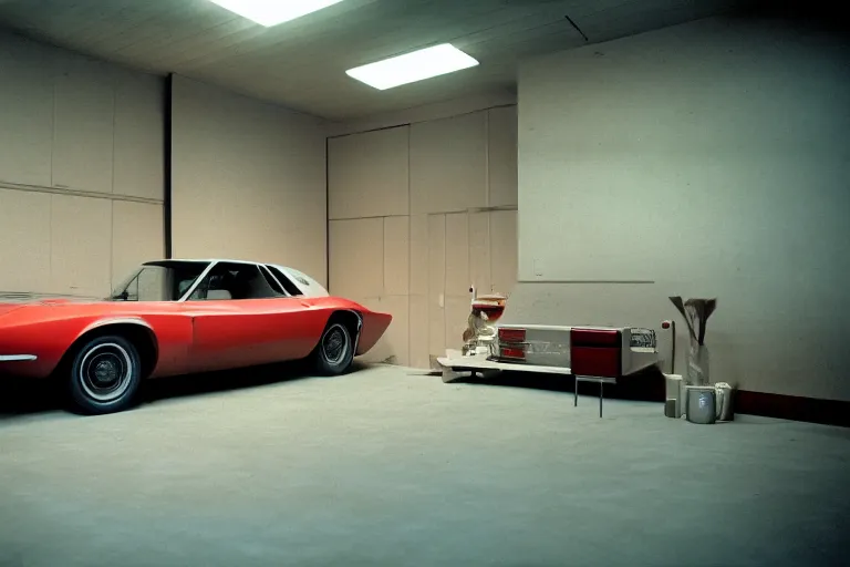 Image similar to single 1969 Alfa Romeo Montreal Thunderbird, inside of a minimalist Tokyo garage, ektachrome photograph, volumetric lighting, f8 aperture, cinematic Eastman 5384 film