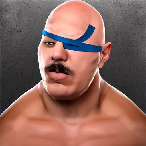 Image similar to muscular wrestler, bald, eyepatch, blue mask covering mouth, realistic,