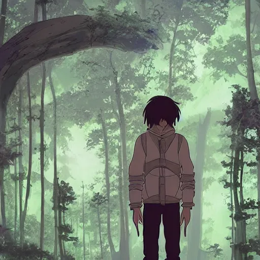 Image similar to stranger in futuristic spiritual mystical post apocalyptic forest, studio ghibli, beautiful, crisp