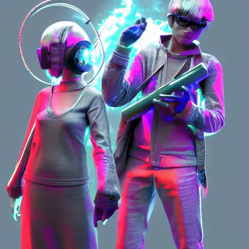 Prompt: RPG character concept art, duo of musicians wearing holographic headset interface, in the style of Jamie Hewlett Hiroya Oku Riyoko Ikeda, 3d render, artstation trending, 8k, octane render, photorealistic, sharp detail, manga, black and white