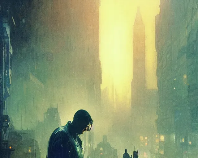 Image similar to 2 0 1 8 blade runner movie still man look at the cityscape from roof perfect face fine realistic face pretty face neon puffy jacket blue futuristic sci - fi elegant by denis villeneuve tom anders zorn hans dragan bibin thoma greg rutkowski ismail inceoglu illustrated sand storm alphonse mucha