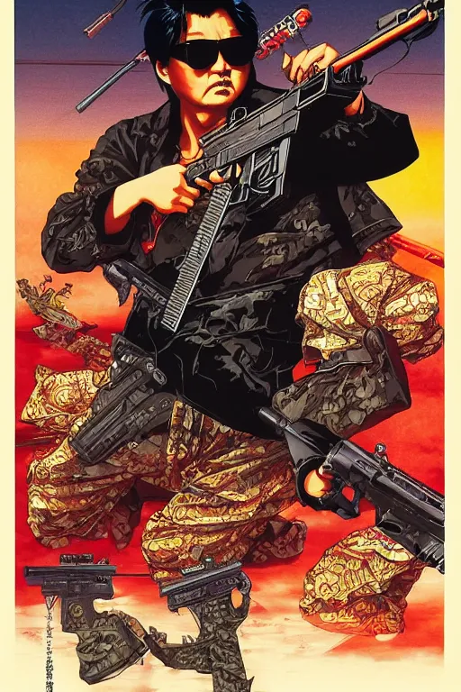 Image similar to poster of chow yun - fat wearing shades and shooting guns, by yoichi hatakenaka, masamune shirow, josan gonzales and dan mumford, ayami kojima, takato yamamoto, barclay shaw, karol bak, yukito kishiro