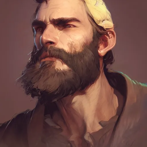 Image similar to rugged bearded cowboy, painted fantasy character portrait, headshot, fantasy, highly detailed, digital painting, artstation, concept art, sharp focus, illustration, art by artgerm and greg rutkowski and alphonse mucha