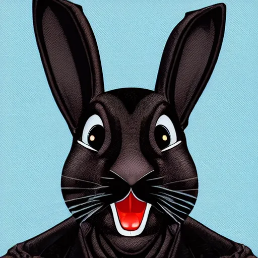 Image similar to A extremely highly detailed majestic hi-res beautiful, highly detailed head and shoulders portrait of a scary terrifying, horrifying, creepy black cartoon rabbit with scary big eyes, earing a shirt laughing, hey buddy, let's be friends, in the style of Walt Disney animation