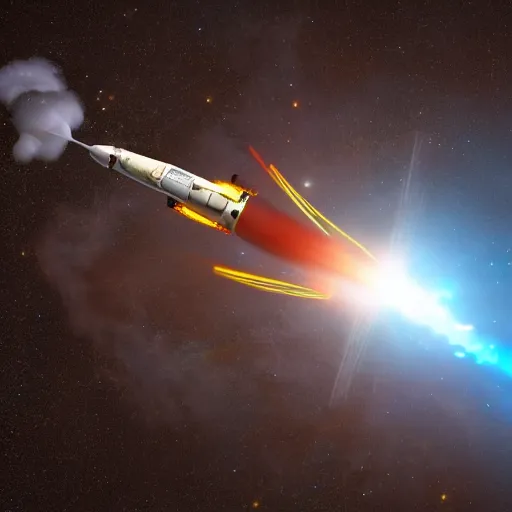 Prompt: Award-winning photograph of a missile hitting a spaceship in outer space, 8K dramatic