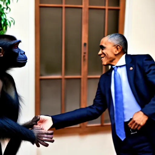 Image similar to a monkey in a jacket shakes hands with the president, a political channel, news.