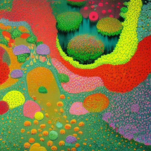 Image similar to painting of a colorful fungus garden in a cave, top-down view, Hiroo Isono