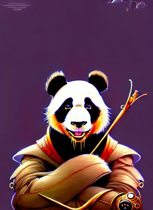 Image similar to don bluth, loish, artgerm, joshua middleton, steampunk, clockpunk anthropomorphic panda, full sailor suit, symmetrical eyes symmetrical face, colorful animation forest background