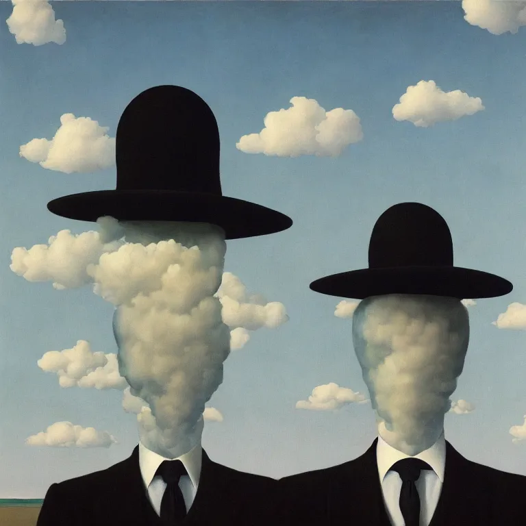 Image similar to portrait of a scary creepy ghost death, clouds in the background, by rene magritte, detailed painting, distance, middle centered, hd, hq, high resolution, high detail, 4 k, 8 k