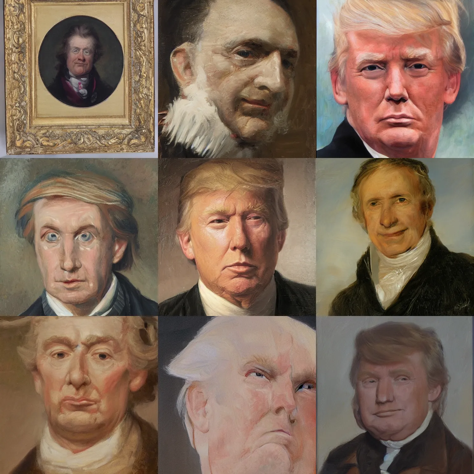 Prompt: facial portrait of donald trump, oil on canvas by william sidney mount - 1 7 9 2, trending on artstation