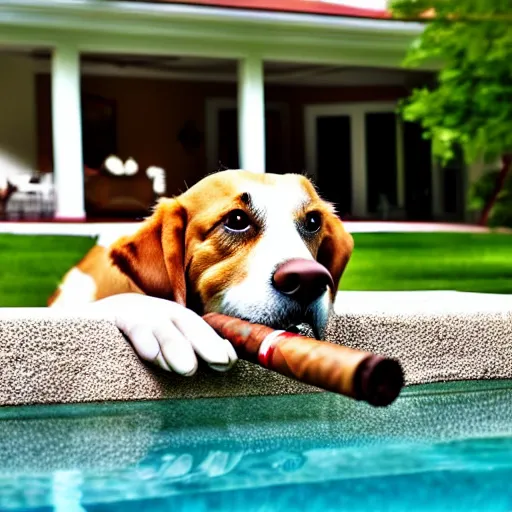 Image similar to a very detailed photo of a dog smoking a cigar outside the mansion by the pool