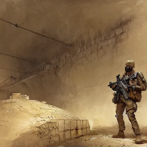 Image similar to two soldiers hiding in an bunker, Matte painting , detailed painting, greg rutkowski