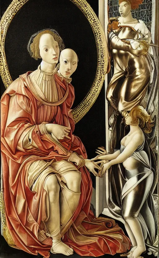 Image similar to blank canvas with an ornamental sci fi frame, beautiful metallic frame, goldn details, in the style of sandro botticelli, caravaggio, albrecth durer