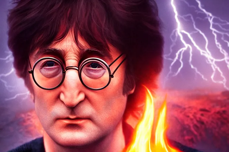 Prompt: an ultra realistic, cinematic, headshot portrait, of john lennon as harry potter, fire, facial features, background of a lava river, with rain and lightning, detailed, deep focus, movie still, dramatic lighting, ray tracing, by michal karcz and yoshitaka amano