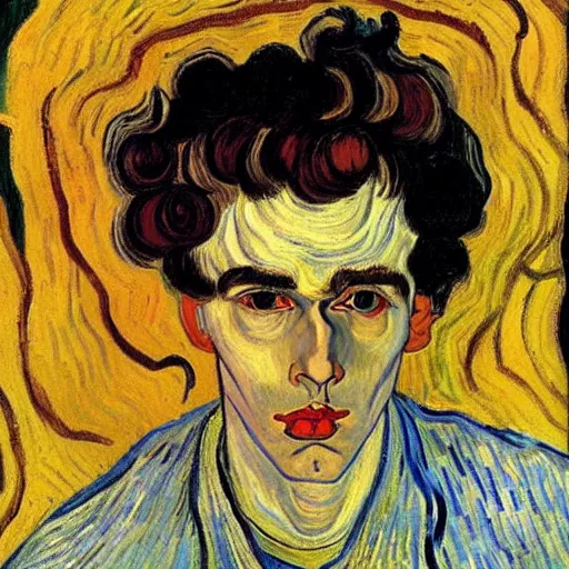 Image similar to painting of handsome beautiful dark medium wavy hair man in his 2 0 s, dressed as an oracle, foreseeing the future, elegant, clear, painting, highly stylized, art by vincent van gogh, egon schiele