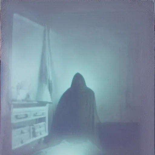 Image similar to coloured atmospheric polaroid photo of a realistic wraith figure in a interior of dining ro! dream coloured atmospheric polaroid photo of a with transparent ghostly banshee corpse body floating in old living room interior - n 9 om low light atmospheric