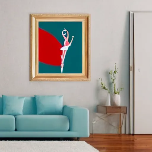 Image similar to painting of a ballerina in a teal room holding wine, red background