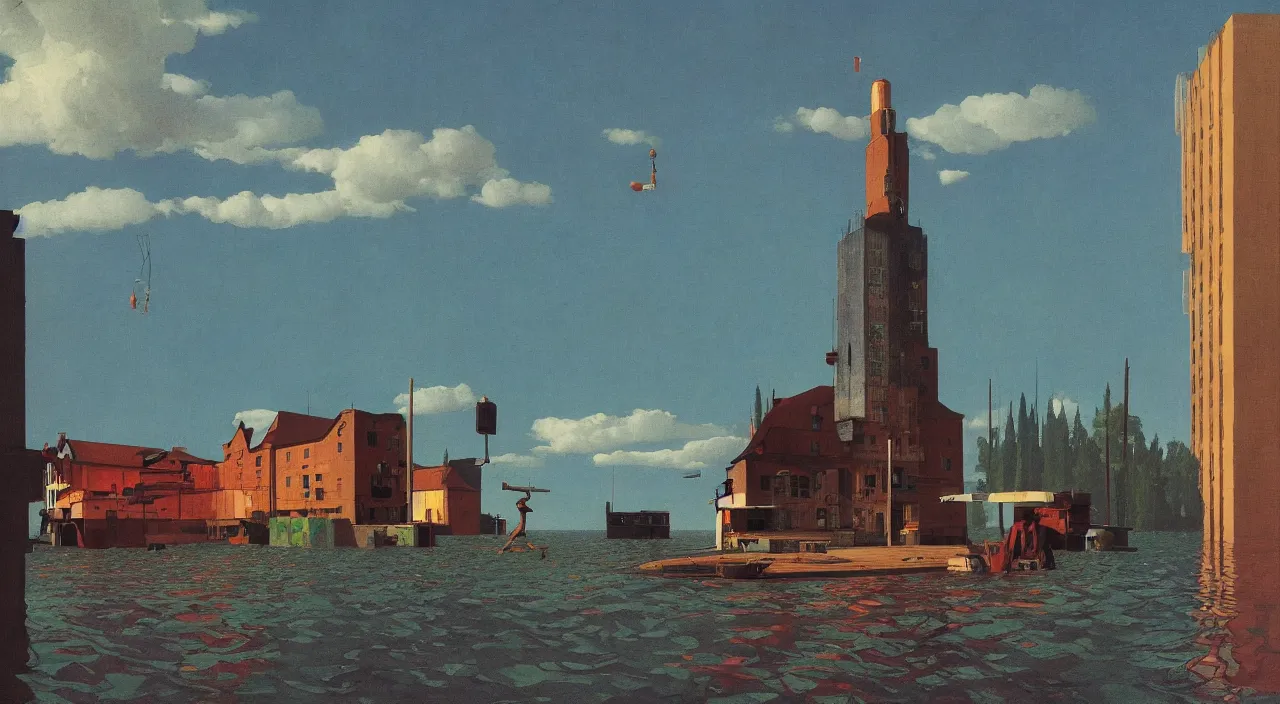 Prompt: single flooded simple wooden meat! tower, very coherent and colorful high contrast!! masterpiece by rene magritte simon stalenhag carl spitzweg syd mead norman rockwell edward hopper james gilleard, minimalist, dark shadows, sunny day, hard lighting