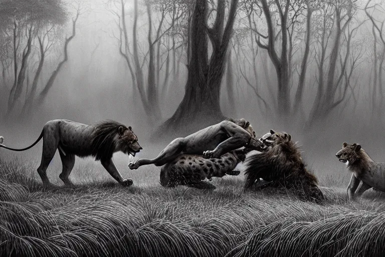 Image similar to photo, lions and hyenas having a fight, woodland location, stefan kostic and david cronenberg, realistic, sharp focus, 8 k high definition, intricate, chiaroscuro, elegant, perfect faces, symmetrical face, extremely detailed, hypnotic eyes, realistic, fantasy art, masterpiece zdzislaw beksinski, artgerm