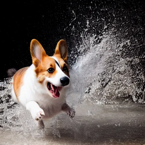 Prompt: Corgi splashing water around, outdoor photo, promo shoot, studio lighting