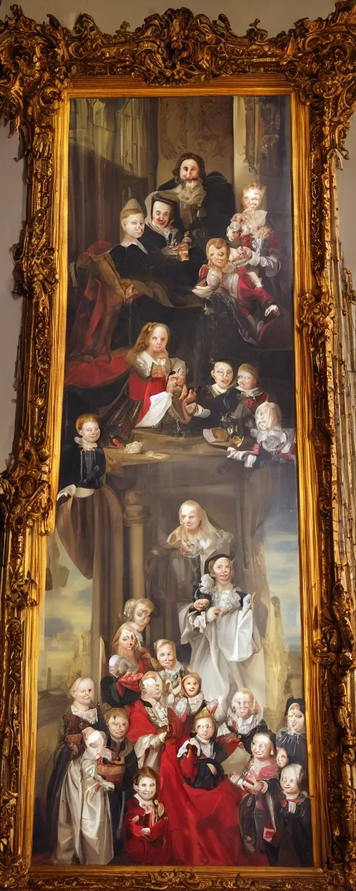 Image similar to oil paint of family portrait in the main room of the castle, dark room, one point of light trough a big window. baroque style 1 6 5 0, high details on clothes, realistic faces and expressions