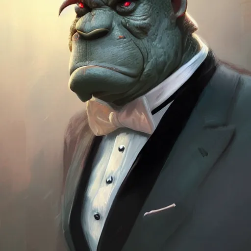 Image similar to portrait of a gentleman half - ogre wearing a tuxedo, cinematic lightning, d & d, fantasy, highly detailed, digital painting, sharp focus, illustration, art by artgerm and greg rutkowski and magali villeneuve