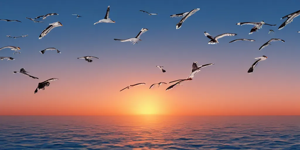 Image similar to seagulls flying over the ocean during the sunset, realistic