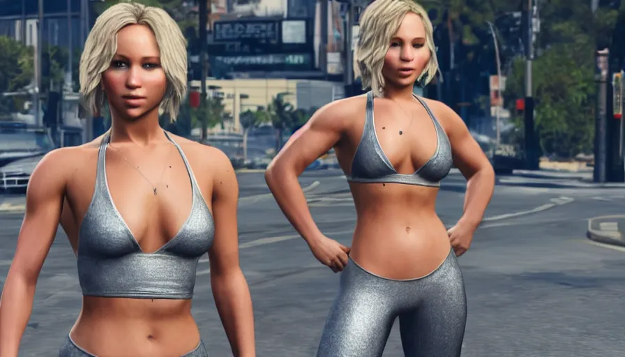 Prompt: portrait of broad muscled jennifer lawrence, short silver hair, wearing spandex bikini, bodybuilder, standing in street, studio trigger, photo realistic, gta v