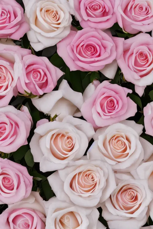 Prompt: Portrait Photo of Pink and White Roses surrounded by white rose petals on white marble, sunlit, 80s Versace ad, depth of field, highly detailed, award.