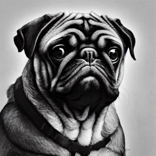 Prompt: a gigachad pug, black and white, intricate, masterpiece, stunning, oil painting