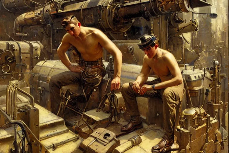 Image similar to male repairing machine, dieselpunk, painting by gaston bussiere, craig mullins, j. c. leyendecker, tom of finland