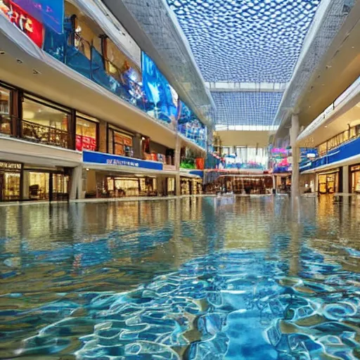 Prompt: photo of inside a shopping mall the inside is flooded with over 1 5 meters of water clear beautiful water, highly detailed.