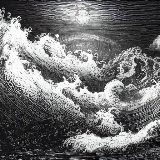 Image similar to a traditional portait of cthulhu, small town, night, soaring waves, clouds, illustration by Gustave Doré