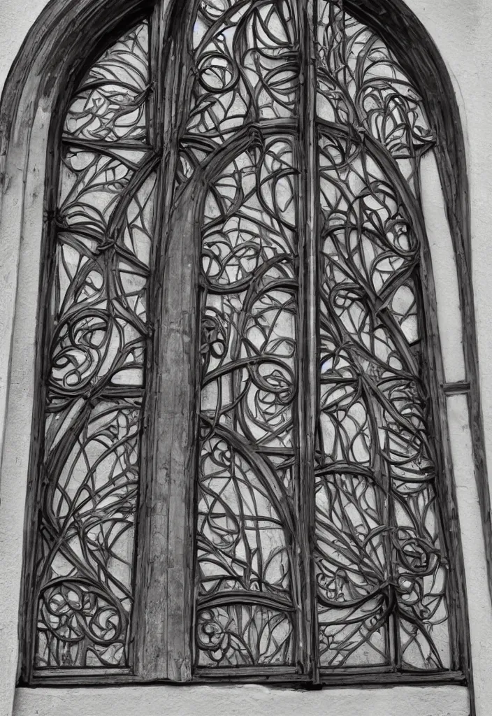 Image similar to photo of a beautiful window, symmetrical, symmetry, art nouveau, iron frame, skyrim