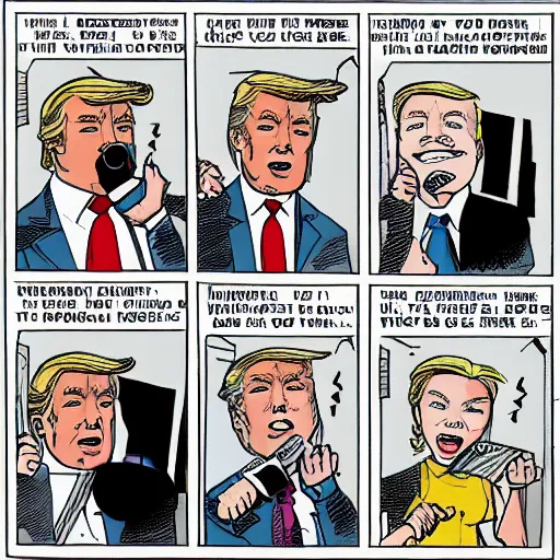 Image similar to donald trump, comic book panels, white house,