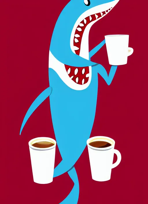 Prompt: female anthropomorphic blue shark with red hair holding a cup of coffee, digital art
